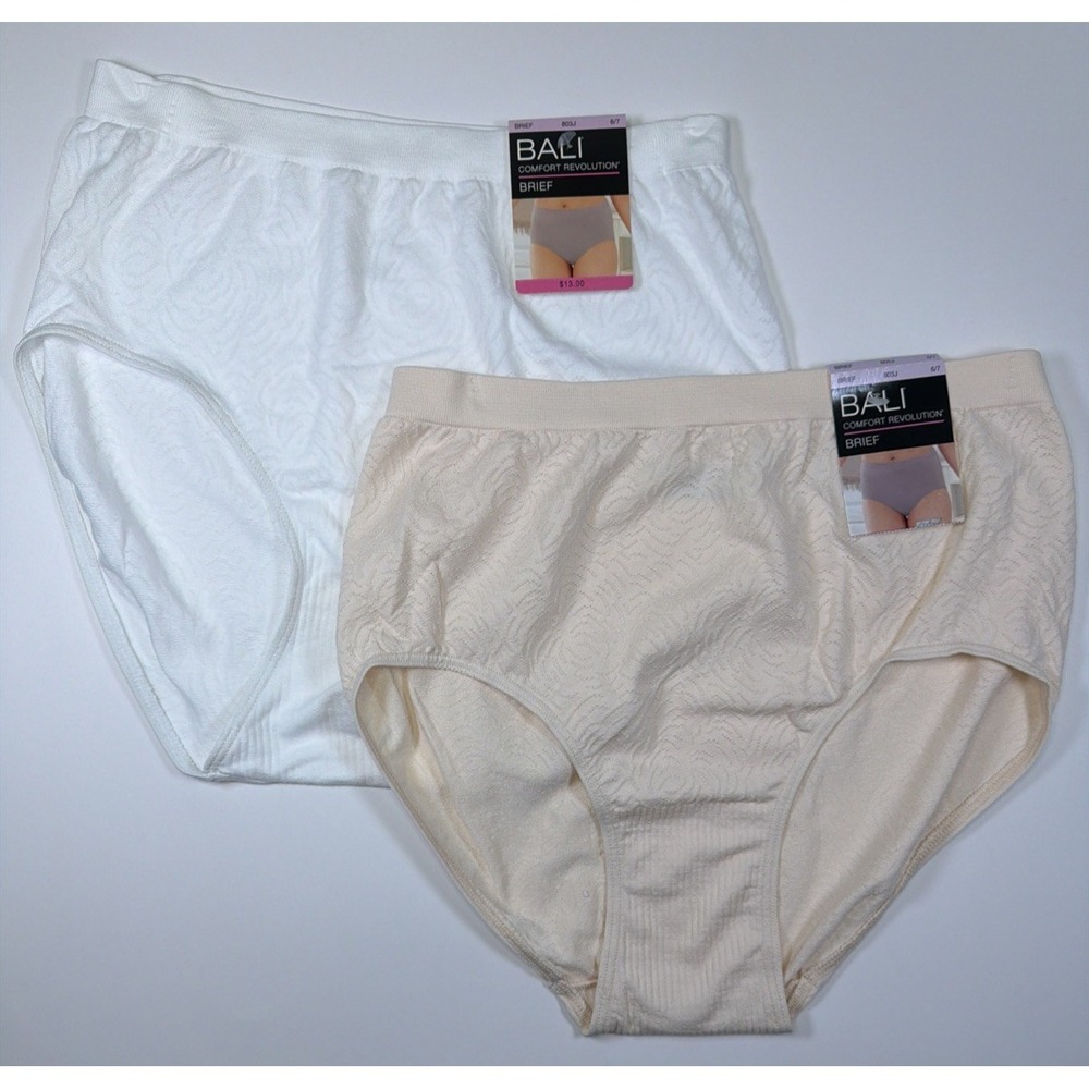 Bali Comfort Revolution Brief Panty Size 6/7 White & Beige  NWT 803J 2 PACK